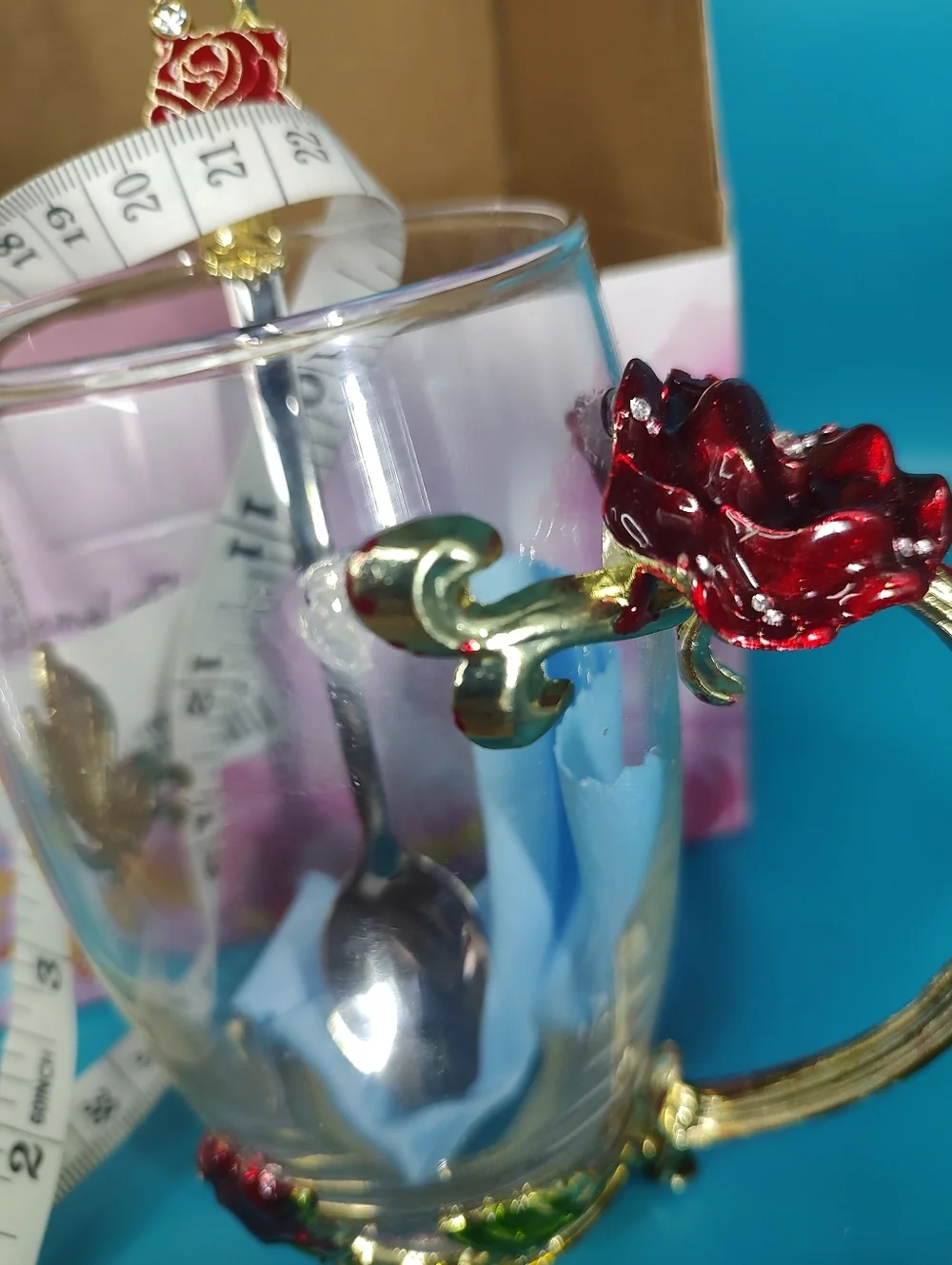 Handicraft Crystal Glass 3D Flower Tea Cup with Spoon Red Rose Accents